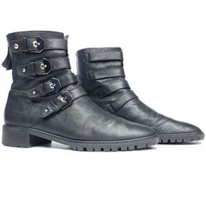 Stuart Weitzman Jitterbug Black Leather Motorcycle Buckle Boots 9.5 Grunge Biker